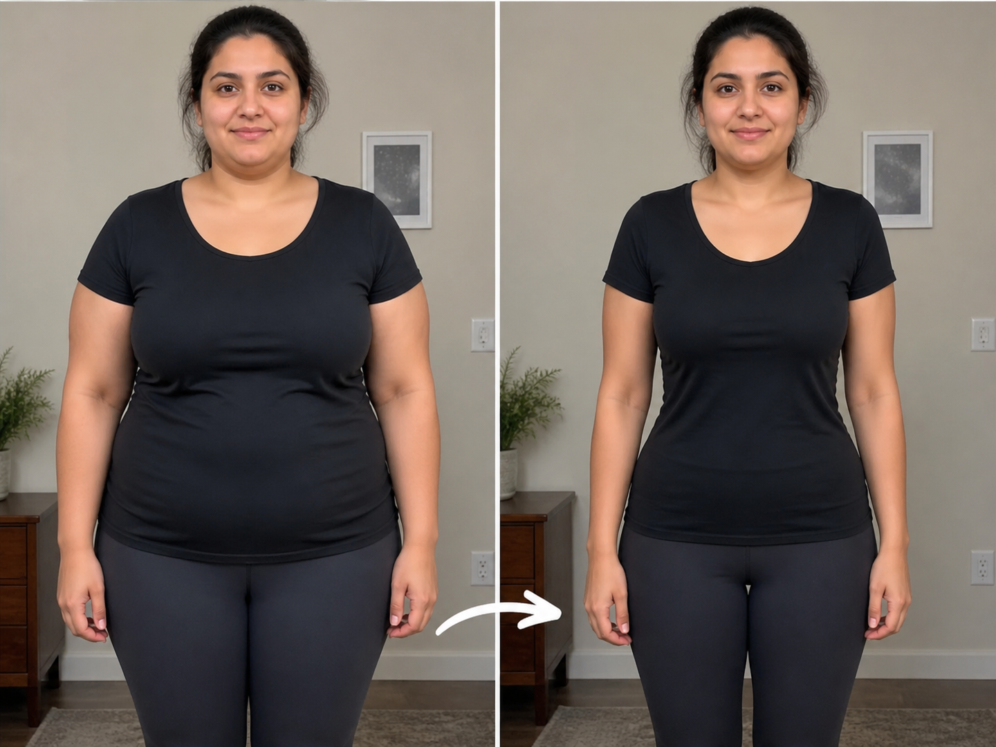 AI weight loss photo — before and after of a woman in a black top, identity preserved across the body change. AI weight loss photo — before and after of a woman in a black top, identity preserved across the body change.
