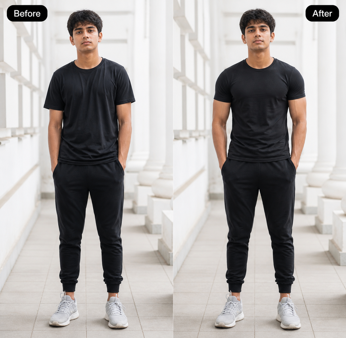AI weight loss photo — fast Fat to Fit before and after of a man in a black t-shirt for a social media reel. AI weight loss photo — fast Fat to Fit before and after of a man in a black t-shirt for a social media reel.