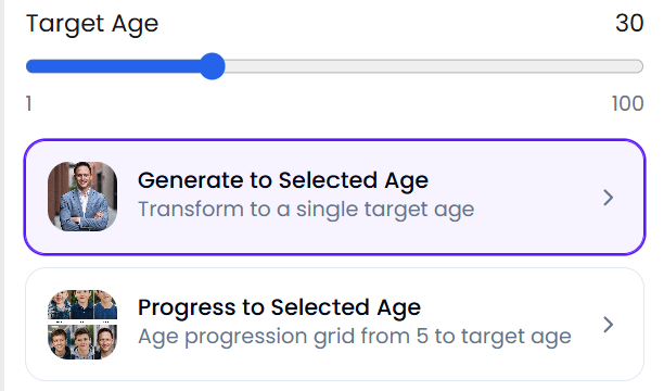 The two Age Modify modes in the app — Generate to Selected Age and Progress to Selected Age, under the target-age slider