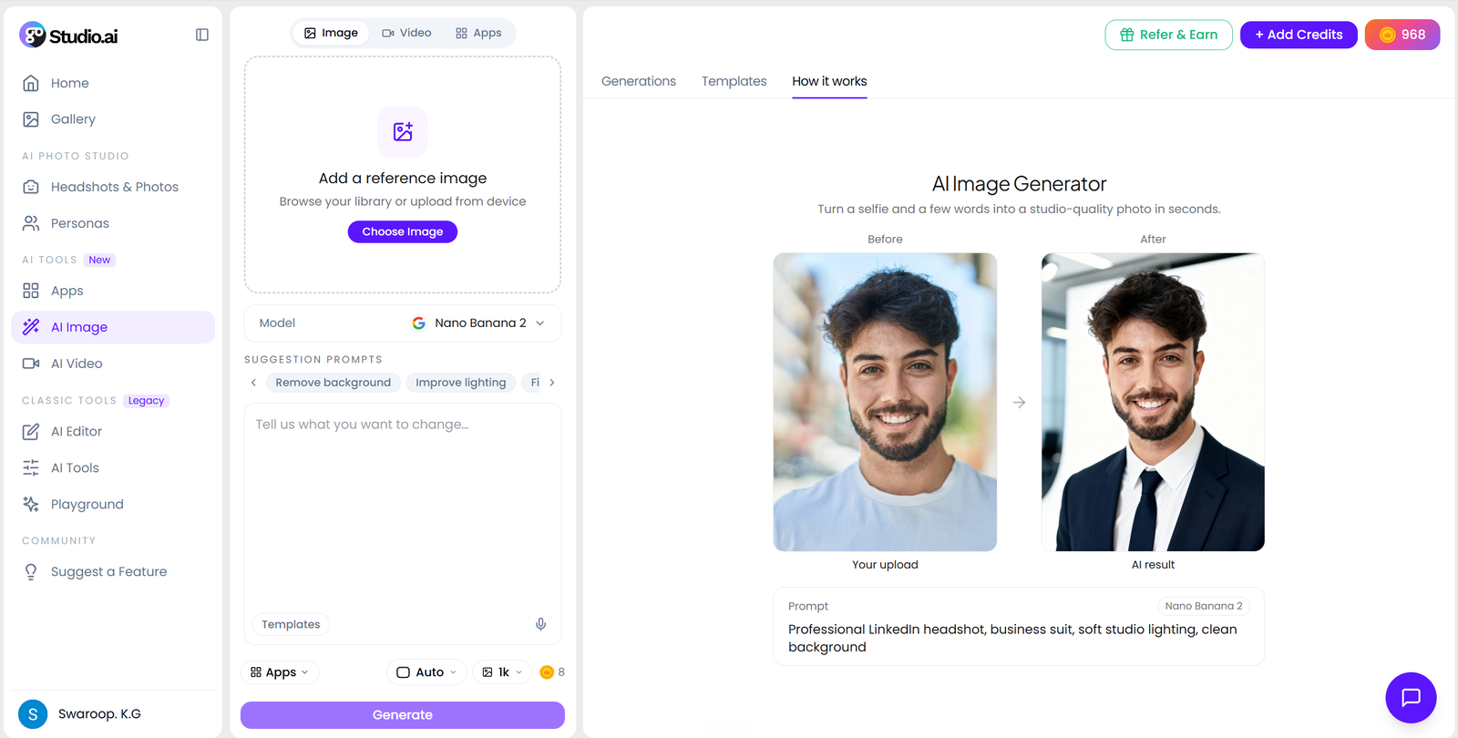 The rebuilt GoStudio studio — sidebar, AI Image workspace and the generations panel on one screen