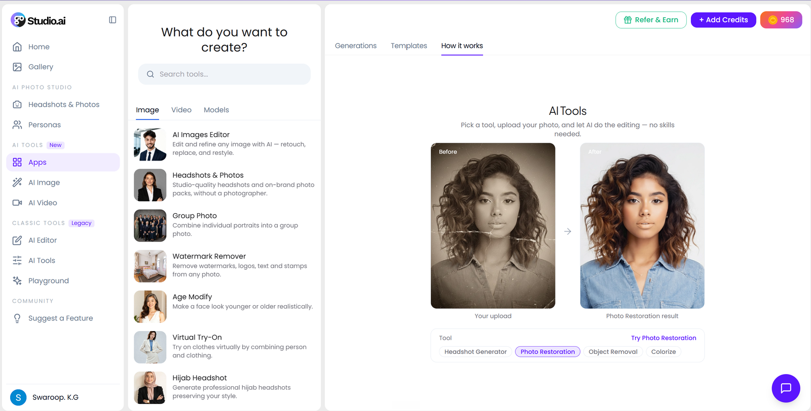 The GoStudio Apps panel open in the studio, with Image, Video and Models tabs over the tool list