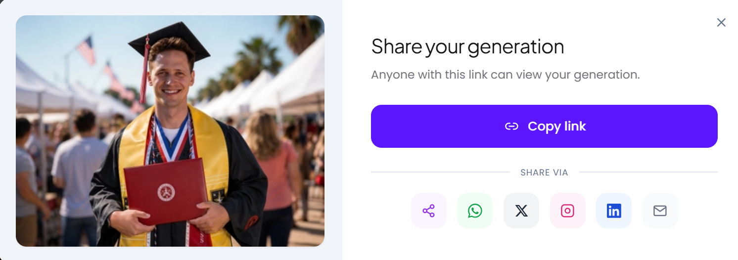 The Share your generation popup — a copy link button plus WhatsApp, X, Instagram, LinkedIn and email