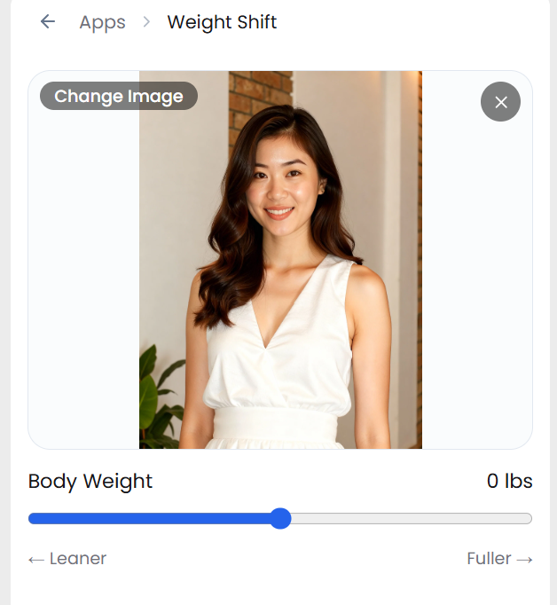 The Weight Shift slider in the app — a Body Weight track running from Leaner to Fuller above the uploaded photo
