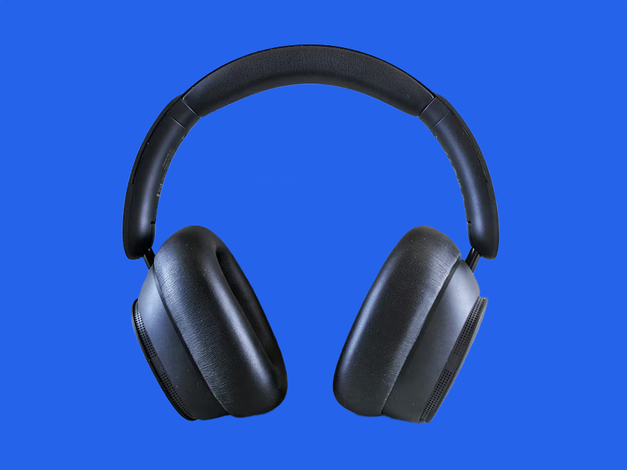 Black over-ear headphones on a blue background after AI background removal Black over-ear headphones on a blue background after AI background removal