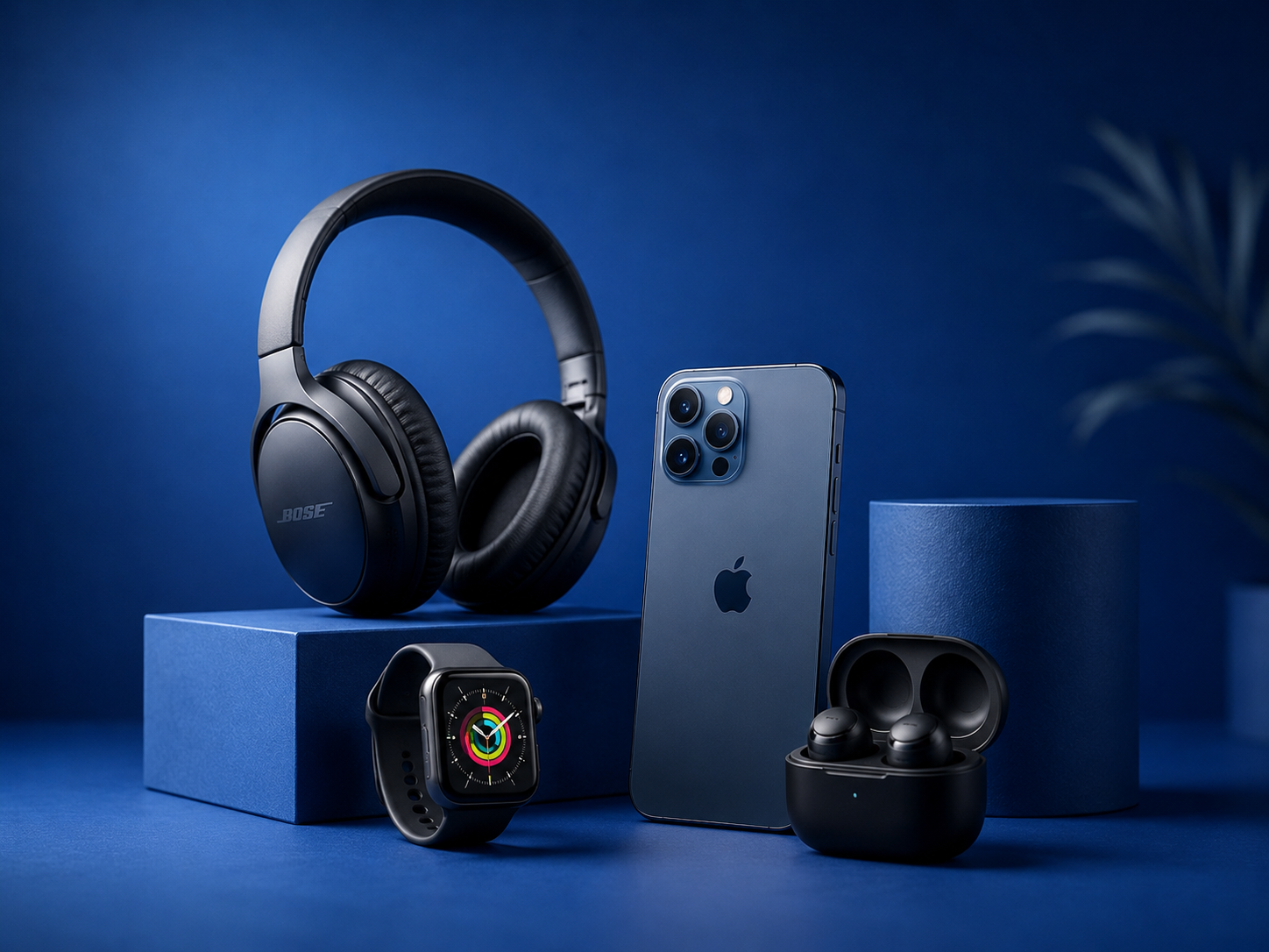 The image shows a blue background with a pair of headphones, an Apple Watch, an iPhone 11 Pro Max, and AirPods, all of which are part of the Bose QuietComfort 35 II series. There is also a plant in the background, adding a touch of greenery to the scene. The image shows a blue background with a pair of headphones, an Apple Watch, an iPhone 11 Pro Max, and AirPods, all of which are part of the Bose QuietComfort 35 II series. There is also a plant in the background, adding a touch of greenery to the scene.