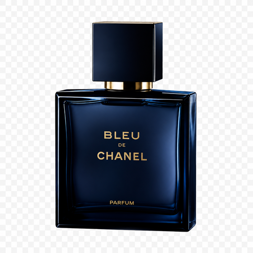 The image shows a blue Chanel perfume bottle with the words "Bleu de Chanel" written on it, set against a white background. The image shows a blue Chanel perfume bottle with the words "Bleu de Chanel" written on it, set against a white background.