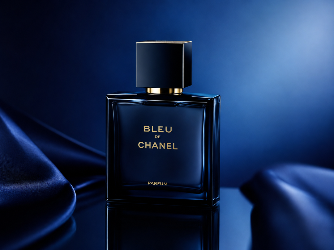 The image shows a bottle of Chanel Bleu de Chanel Eau de Parfum on a blue background, with a cloth draped around it. The bottle is a deep blue color, and the cloth is a light blue hue. The background is slightly blurred, giving the image a dreamy, ethereal feel.