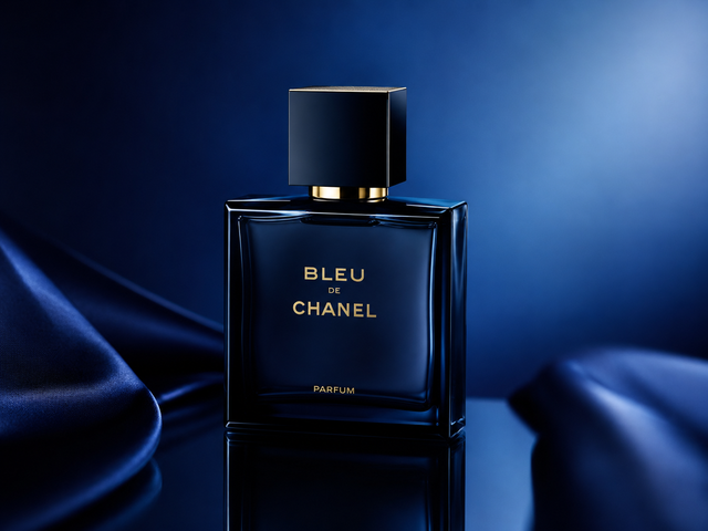 The image shows a bottle of Chanel Bleu de Chanel Eau de Parfum on a blue background, with a cloth draped around it. The bottle is a deep blue color, and the cloth is a light blue hue. The background is slightly blurred, giving the image a dreamy, ethereal feel. The image shows a bottle of Chanel Bleu de Chanel Eau de Parfum on a blue background, with a cloth draped around it. The bottle is a deep blue color, and the cloth is a light blue hue. The background is slightly blurred, giving the image a dreamy, ethereal feel.