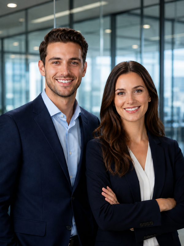 The image shows a man and woman standing next to each other in front of a glass wall, both of them smiling. The background is slightly blurred, suggesting that the focus of the image is on the two people, who appear to be a real estate agent and a client.
