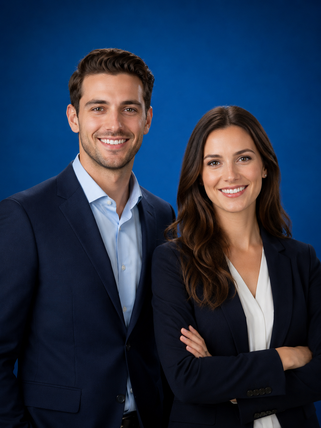 The image shows a man and woman standing next to each other with their arms crossed, both of them smiling. The background is a deep blue color, suggesting they are in a professional setting. The man is likely a real estate agent, as indicated by the logo in the corner of the image. The image shows a man and woman standing next to each other with their arms crossed, both of them smiling. The background is a deep blue color, suggesting they are in a professional setting. The man is likely a real estate agent, as indicated by the logo in the corner of the image.