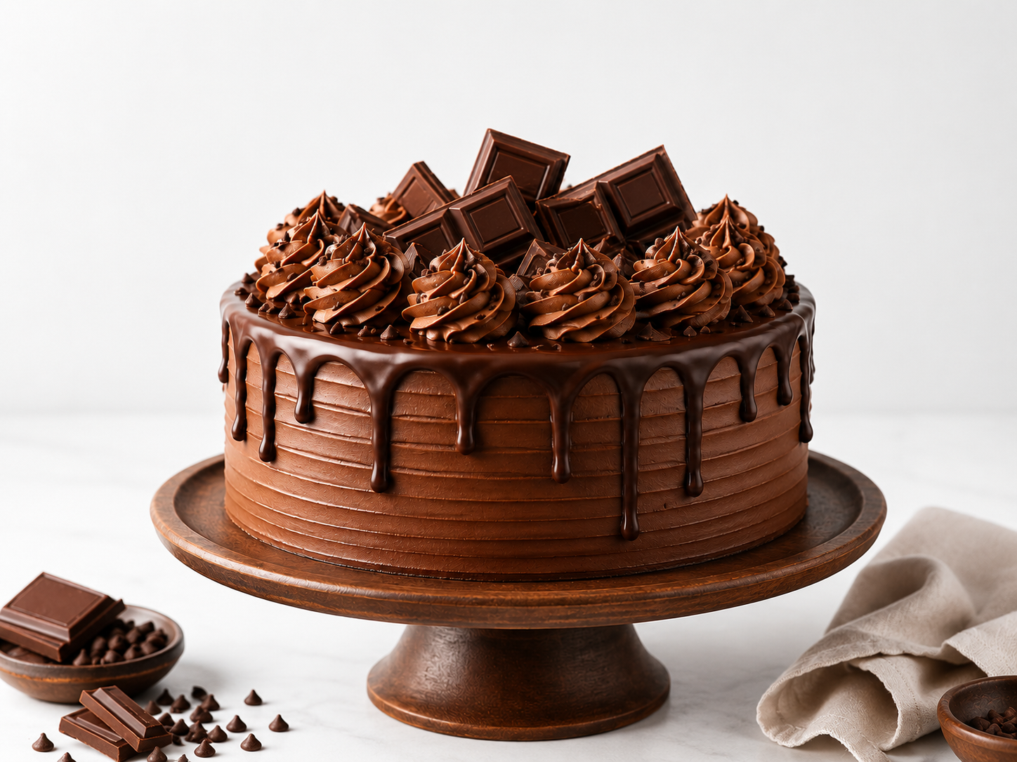 The image shows a decadent chocolate cake with chocolate frosting on a wooden cake stand, surrounded by bowls of chocolate pieces and a cloth on a white surface. The background is also white, creating a beautiful contrast with the rich, dark chocolate of the cake. The image shows a decadent chocolate cake with chocolate frosting on a wooden cake stand, surrounded by bowls of chocolate pieces and a cloth on a white surface. The background is also white, creating a beautiful contrast with the rich, dark chocolate of the cake.