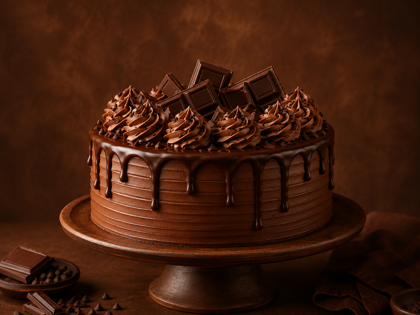 The image shows a delicious chocolate cake with chocolate frosting on a cake stand, surrounded by chocolate pieces and a cloth on the right side. The background is slightly blurred, giving the cake the focus of the image. The image shows a delicious chocolate cake with chocolate frosting on a cake stand, surrounded by chocolate pieces and a cloth on the right side. The background is slightly blurred, giving the cake the focus of the image.