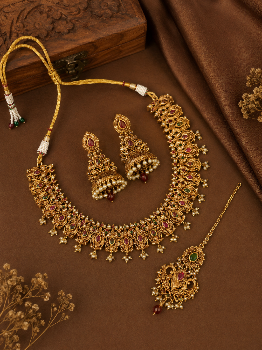 The image shows a beautiful gold plated necklace set with ruby stones and pearls, along with a matching earrings, all laid out on a brown cloth. The necklace is adorned with intricate designs and the earrings are small and delicate, adding a touch of elegance to the set. The wooden box in the background adds a rustic touch to the image, making it perfect for any special occasion. The image shows a beautiful gold plated necklace set with ruby stones and pearls, along with a matching earrings, all laid out on a brown cloth. The necklace is adorned with intricate designs and the earrings are small and delicate, adding a touch of elegance to the set. The wooden box in the background adds a rustic touch to the image, making it perfect for any special occasion.
