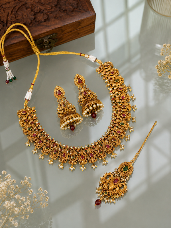 The image shows a gold plated necklace set with ruby stones and pearls placed on a glass surface, accompanied by a flower vase and a wooden box. The necklace is adorned with intricate designs and the earrings are small and delicate, adding a touch of elegance to the piece.