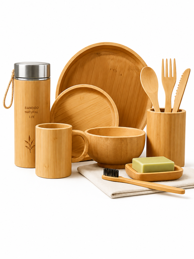 The image shows a set of bamboo utensils, including plates, bowls, cups, spoons, forks, and a brush, all arranged neatly on a white background. The image shows a set of bamboo utensils, including plates, bowls, cups, spoons, forks, and a brush, all arranged neatly on a white background.