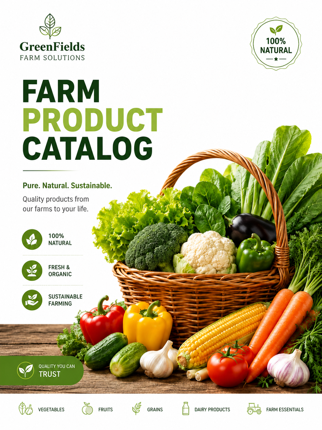 The image shows a poster with a basket full of fresh vegetables on a wooden table. The text on the poster reads "Farm Product Catalog" and there is a logo at the top. The vegetables in the basket include tomatoes, peppers, onions, and carrots. The image shows a poster with a basket full of fresh vegetables on a wooden table. The text on the poster reads "Farm Product Catalog" and there is a logo at the top. The vegetables in the basket include tomatoes, peppers, onions, and carrots.