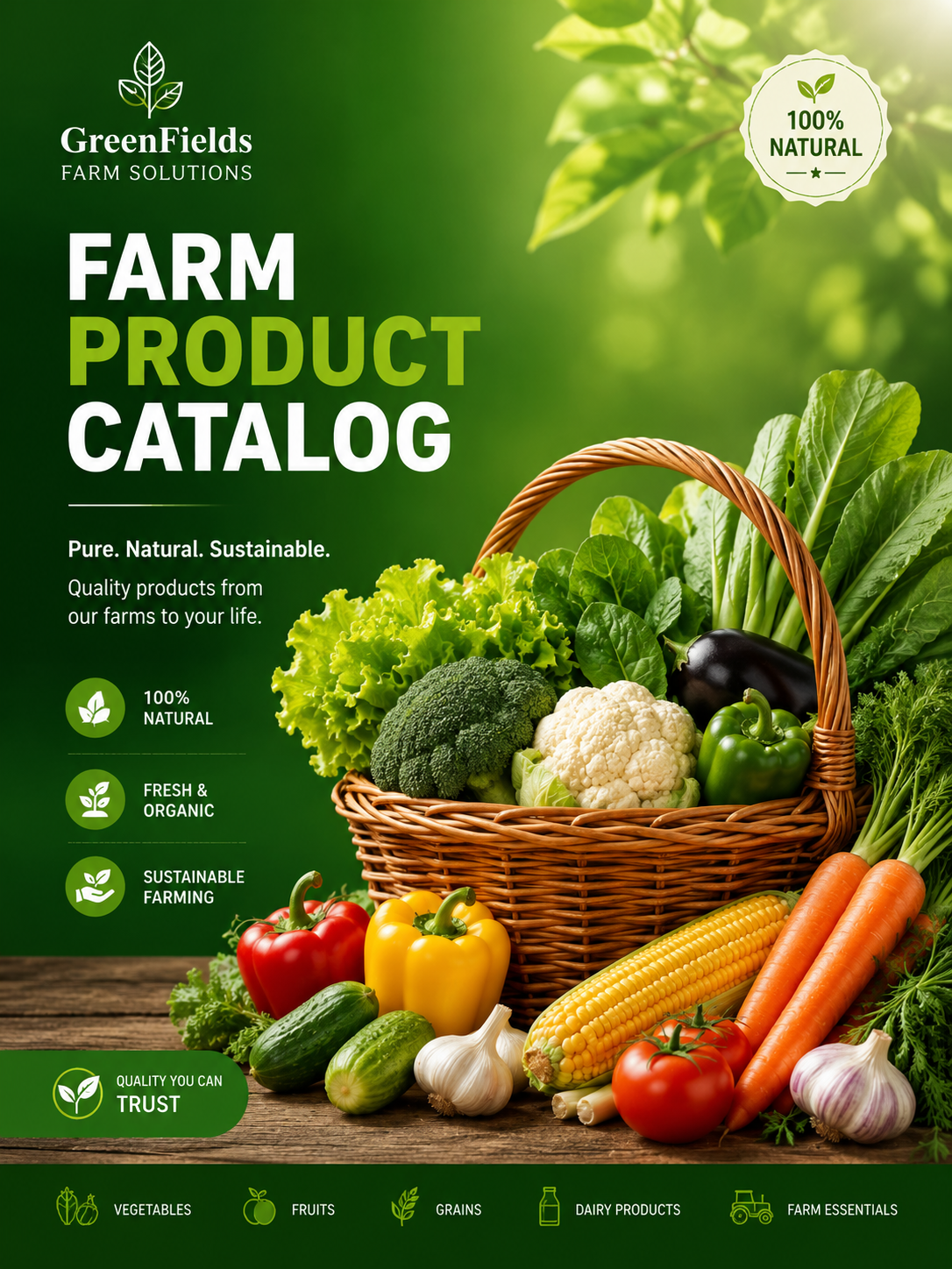 The image shows a poster with a basket of fresh vegetables on a wooden table, surrounded by leaves in the background. The text on the poster reads "Greenfields Farm Products Catalog". The image shows a poster with a basket of fresh vegetables on a wooden table, surrounded by leaves in the background. The text on the poster reads "Greenfields Farm Products Catalog".