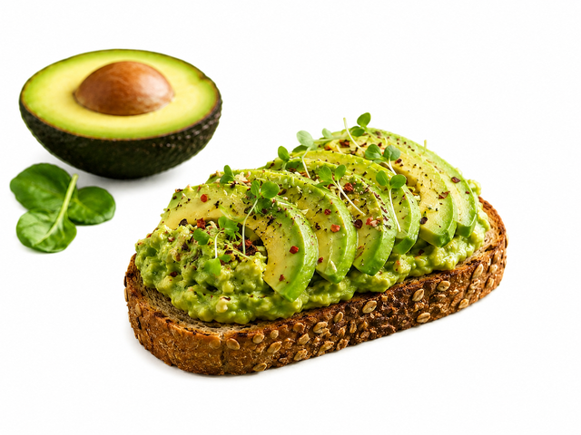 The image shows a piece of toast topped with avocado and sprouts. The avocado is cut in half, revealing its creamy green flesh, and the sprouts are scattered on top of the toast. The toast is lightly toasted, giving it a golden-brown color. The image shows a piece of toast topped with avocado and sprouts. The avocado is cut in half, revealing its creamy green flesh, and the sprouts are scattered on top of the toast. The toast is lightly toasted, giving it a golden-brown color.