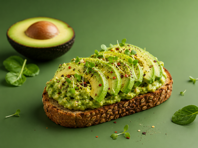 The image shows a piece of toast topped with avocado and sprouts on a green background. The avocado is cut in half, revealing its creamy green flesh, and the sprouts are scattered around the toast. The toast is lightly toasted and the avocado is a vibrant green, making for a visually appealing dish. The image shows a piece of toast topped with avocado and sprouts on a green background. The avocado is cut in half, revealing its creamy green flesh, and the sprouts are scattered around the toast. The toast is lightly toasted and the avocado is a vibrant green, making for a visually appealing dish.