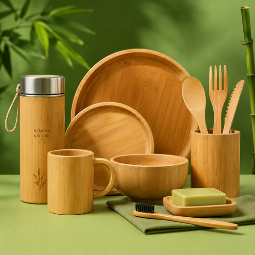 The image shows a bamboo dinnerware set on a green table, consisting of plates, bowls, cups, spoons, forks, a brush, a soap, and a bottle, all arranged neatly on a cloth. In the background, there is a plant, adding a touch of greenery to the scene. The image shows a bamboo dinnerware set on a green table, consisting of plates, bowls, cups, spoons, forks, a brush, a soap, and a bottle, all arranged neatly on a cloth. In the background, there is a plant, adding a touch of greenery to the scene.