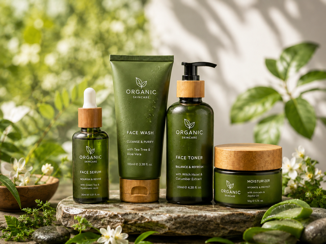 The image shows organic skincare products on a stone surface surrounded by leaves, flowers, and a bowl. The background is slightly blurred, giving the image a dreamy feel.