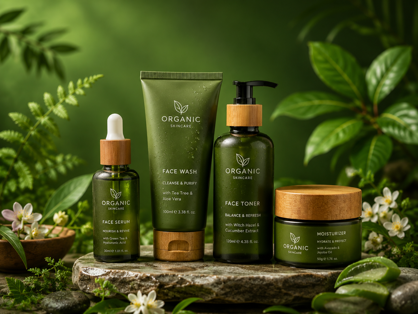 The image shows a group of organic skincare products sitting on top of a stone, surrounded by lush green leaves and flowers. The background is slightly blurred, giving the image a dreamy feel. The image shows a group of organic skincare products sitting on top of a stone, surrounded by lush green leaves and flowers. The background is slightly blurred, giving the image a dreamy feel.