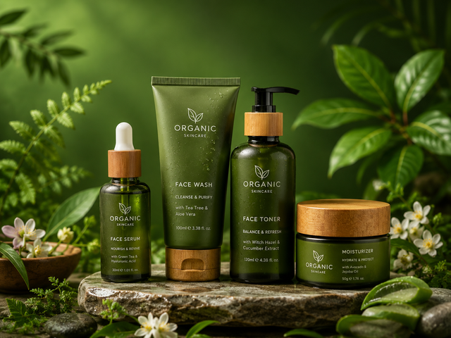 The image shows a group of organic skincare products sitting on top of a stone, surrounded by lush green leaves and flowers. The background is slightly blurred, giving the image a dreamy feel.