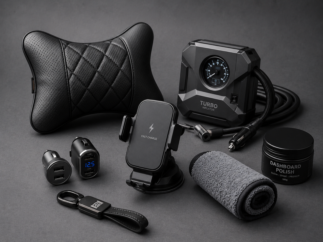 The image shows a black and white photo of a car dashboard with a variety of items on it, including a car charger, a car seat, a cloth, a box, a cable, and other objects. The background is dark, giving the image a sleek and modern look.