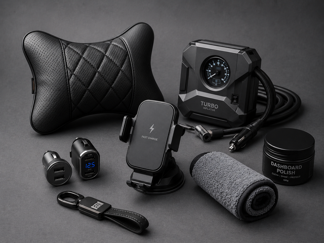 The image shows a black and white photo of a car dashboard with a variety of items on it, including a car charger, a car seat, a cloth, a box, a cable, and other objects. The background is dark, giving the image a sleek and modern look. The image shows a black and white photo of a car dashboard with a variety of items on it, including a car charger, a car seat, a cloth, a box, a cable, and other objects. The background is dark, giving the image a sleek and modern look.