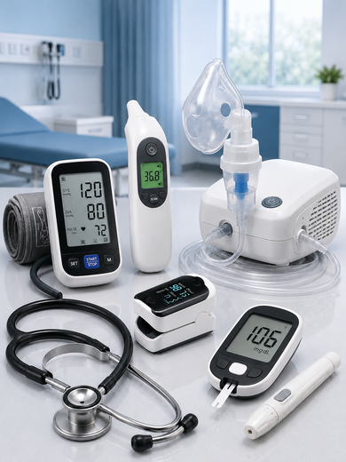 The image shows a table with a stethoscope, a blood pressure monitor, and other medical equipment on it. In the background, there is a bed, a wall, a curtain, a window, a houseplant, and a few other objects. The background is slightly blurred, giving the image a sense of depth. The image shows a table with a stethoscope, a blood pressure monitor, and other medical equipment on it. In the background, there is a bed, a wall, a curtain, a window, a houseplant, and a few other objects. The background is slightly blurred, giving the image a sense of depth.