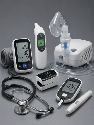 The image shows a group of medical equipment, including a stethoscope, a blood pressure monitor, a syringe, and other devices, all placed on a surface. The image shows a group of medical equipment, including a stethoscope, a blood pressure monitor, a syringe, and other devices, all placed on a surface.