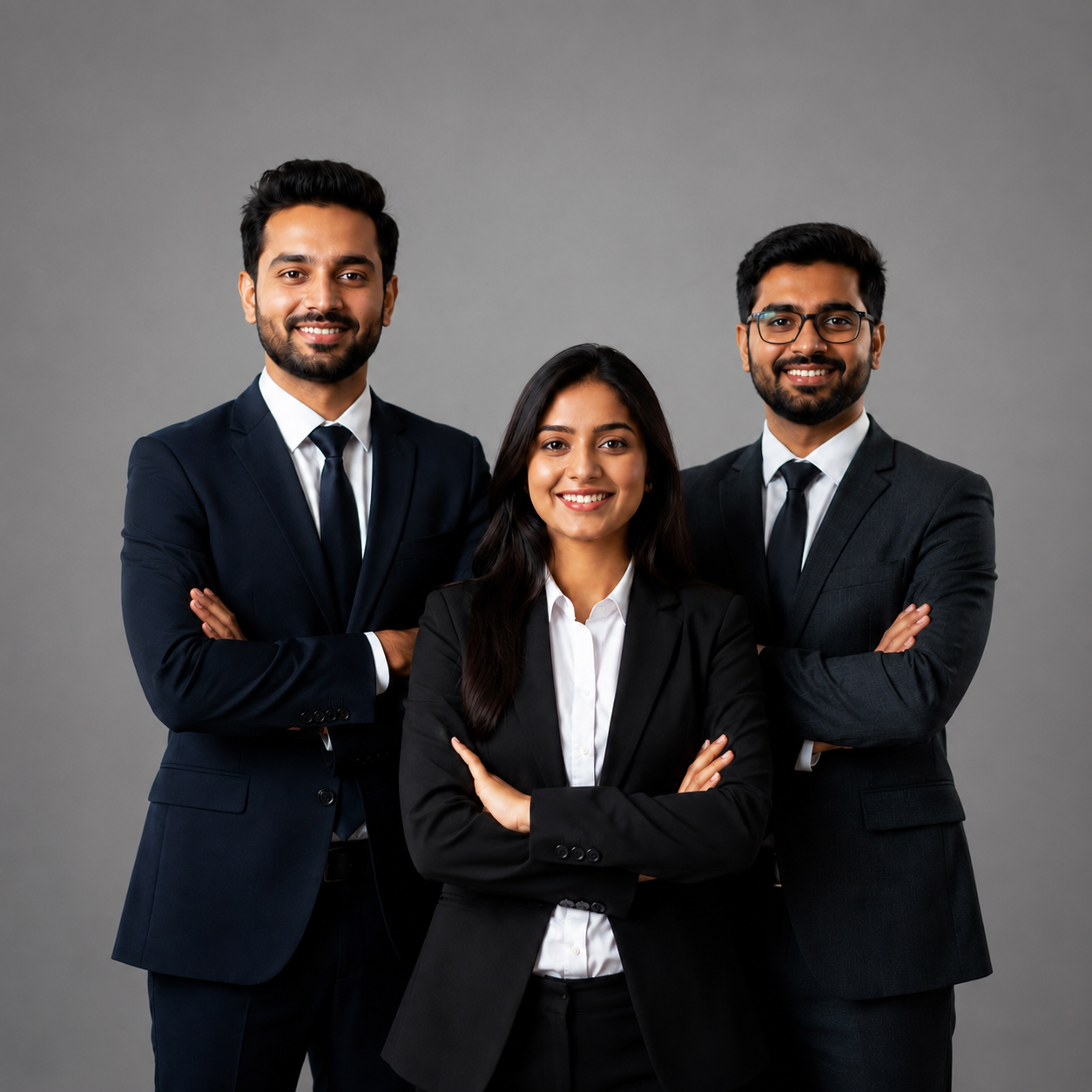 The image shows three business people in suits standing and smiling for a photo. The woman in the middle is wearing a white shirt and black blazer, while the two men on either side are wearing black blazers, white shirts, and black ties. The background is a grey color. The image shows three business people in suits standing and smiling for a photo. The woman in the middle is wearing a white shirt and black blazer, while the two men on either side are wearing black blazers, white shirts, and black ties. The background is a grey color.