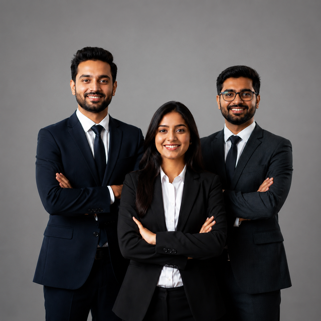 The image shows three business people in suits standing and smiling for a photo. The woman in the middle is wearing a white shirt and black blazer, while the two men on either side are wearing black blazers, white shirts, and black ties. The background is a grey color.
