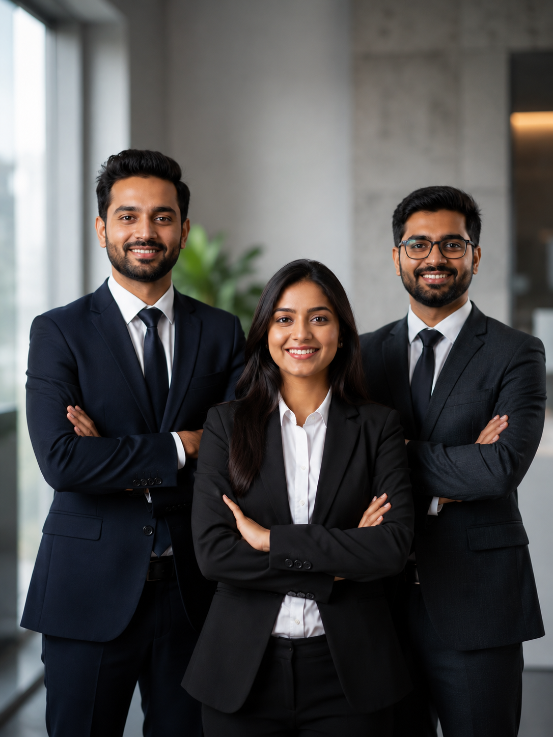 The image shows three business people standing in an office with their arms crossed, smiling. In the background there is a plant and a wall, and on the left side of the image there are glass windows. The image shows three business people standing in an office with their arms crossed, smiling. In the background there is a plant and a wall, and on the left side of the image there are glass windows.