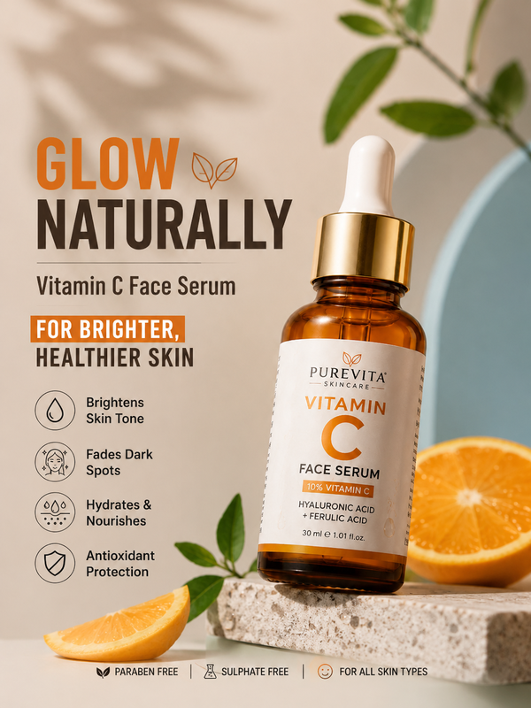 The image shows a poster with a bottle of glow naturally vitamin c face serum on the right side, accompanied by an orange slice and a plant. The text on the poster reads "Glow Naturally Vitamin C Face Serum for Brighter, Healthier Skin".