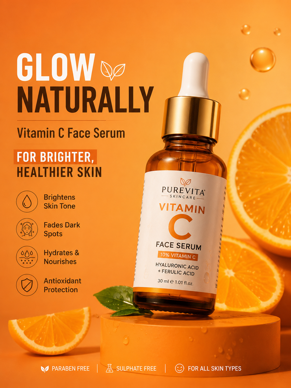 The image shows a poster with a bottle of purevita vitamin c face serum on the right side, surrounded by orange slices and leaves. The text on the poster reads "Glow Naturally Vitamin C Face Serum for Brighter, Healthier Skin".
