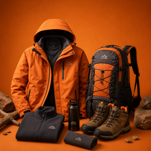 The image shows a man wearing an orange jacket, a backpack, and a pair of hiking boots, along with a bottle, cloth, and wooden sticks, all on an orange background.
