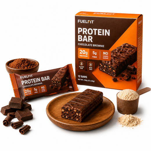 The image shows a plate with a fuelfit protein bar in chocolate brownie flavor, accompanied by a bowl of powder. The protein bar is a rich, dark brown color, and the powder is a light, creamy white.