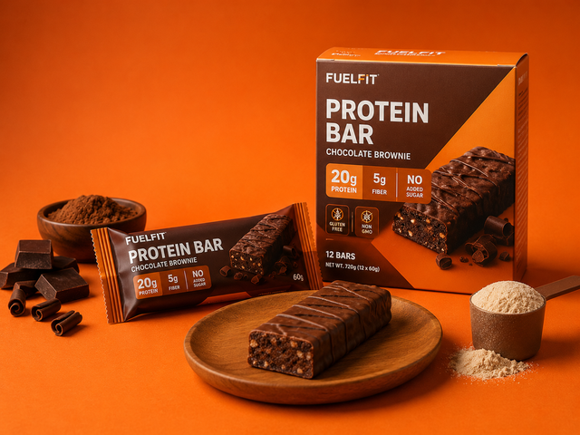 The image shows a plate with a chocolate brownie protein bar on it, accompanied by a box of fuelfit protein bars and a bowl of powder. The plate is filled with the protein bar, which is a rich, dark brown color, and the box of protein bars is a light brown color. The powder in the bowl is a creamy white color.