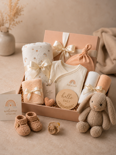 The image shows a baby girl gift box with a teddy bear, baby clothes, a card, a pair of baby shoes, and a flower vase on the floor. The box is decorated with a little miracle design, making it a perfect gift for a special little one.
