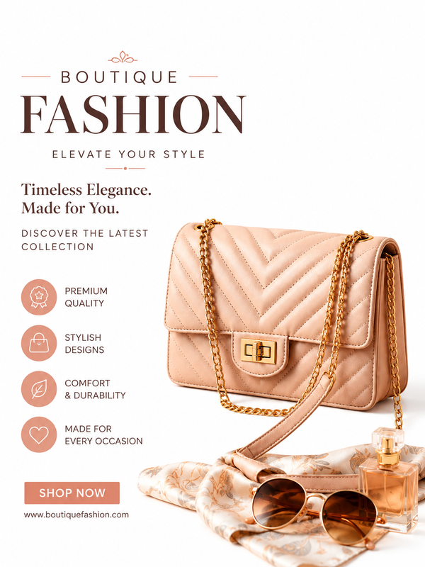 The image shows a poster advertising a boutique fashion sale, featuring a timeless elegance made for you. The poster includes a handbag, sunglasses, and a perfume bottle, all of which are perfect for the latest collection.