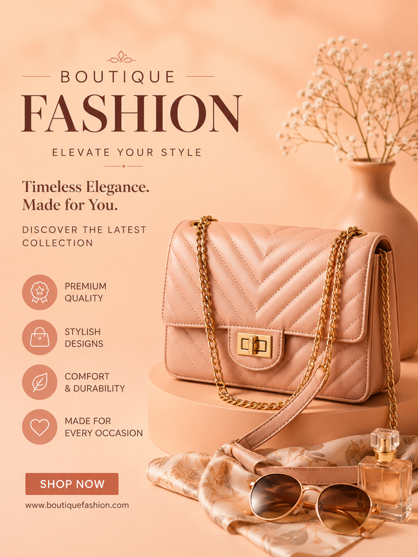 The image shows a poster advertising a boutique fashion sale, featuring a timeless elegance made for you. On the poster, there is a bag, a pair of goggles, and a flower vase, all placed on a table. The text on the poster reads "Boutique Fashion - Elevate Your Style".