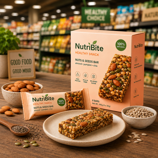 The image shows a plate of nutribite healthy snack bars on a table in a grocery store. The plate is filled with a variety of nuts, seeds, and other food items, and there is a box of nuts beside it. In the background, there are shelves filled with various food items and lights illuminating the store.