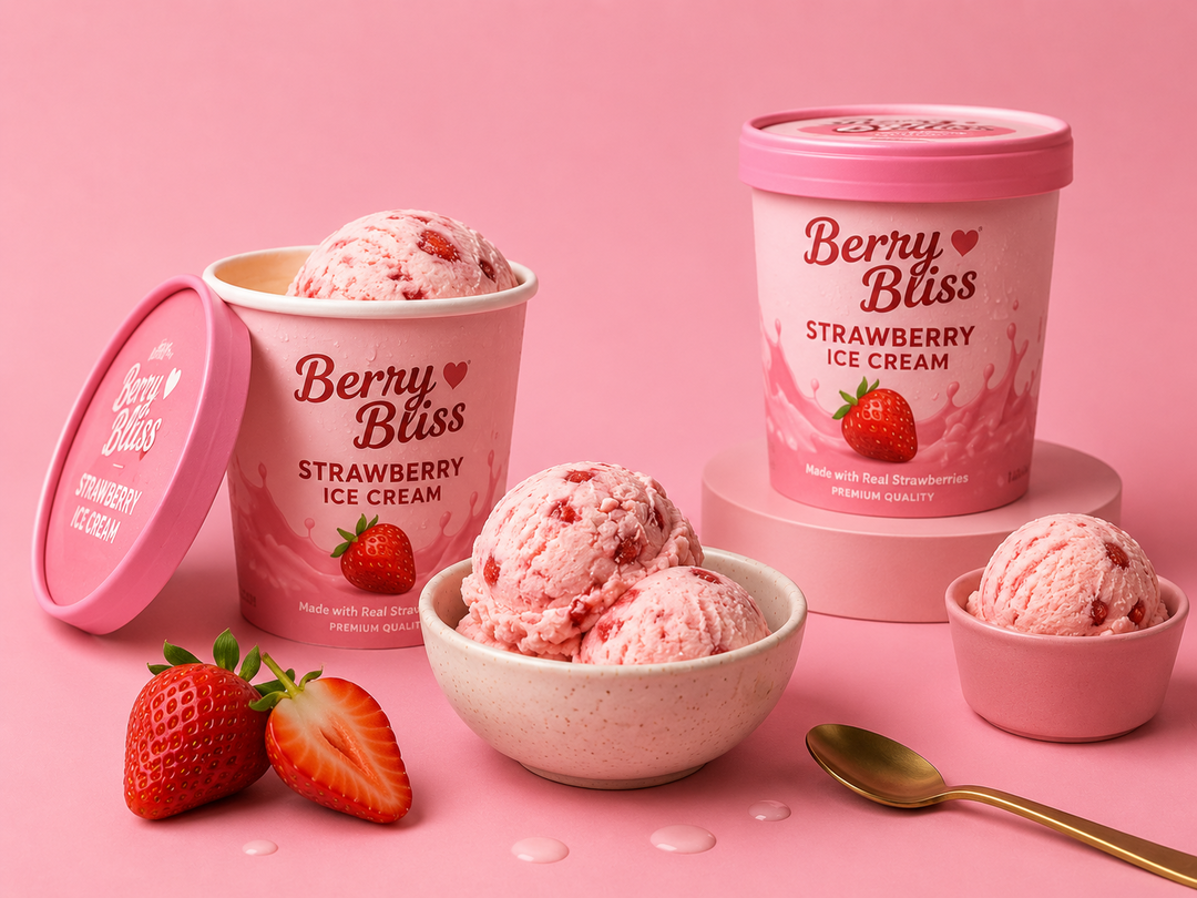 The image shows a bowl of berry bliss strawberry ice cream with a spoon beside it, and a few fresh strawberries scattered around the bowl. The background is a soft pink color, giving the image a vibrant and inviting feel.