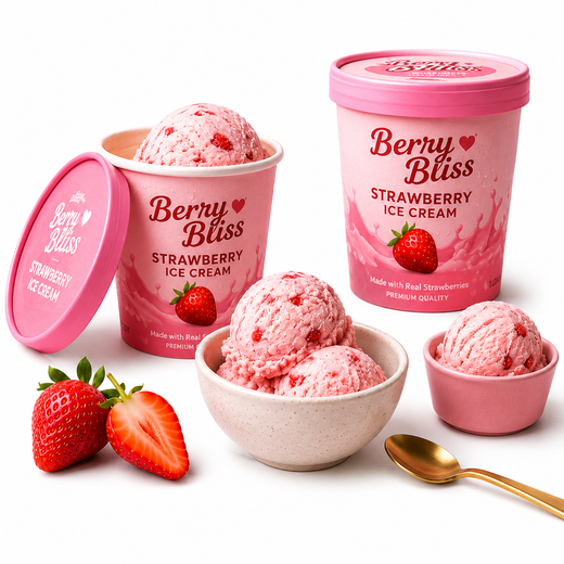 The image shows a bowl of berry bliss strawberry ice cream, with a spoon beside it and two boxes of the same ice cream in the background. The background is a bright white color. The image shows a bowl of berry bliss strawberry ice cream, with a spoon beside it and two boxes of the same ice cream in the background. The background is a bright white color.