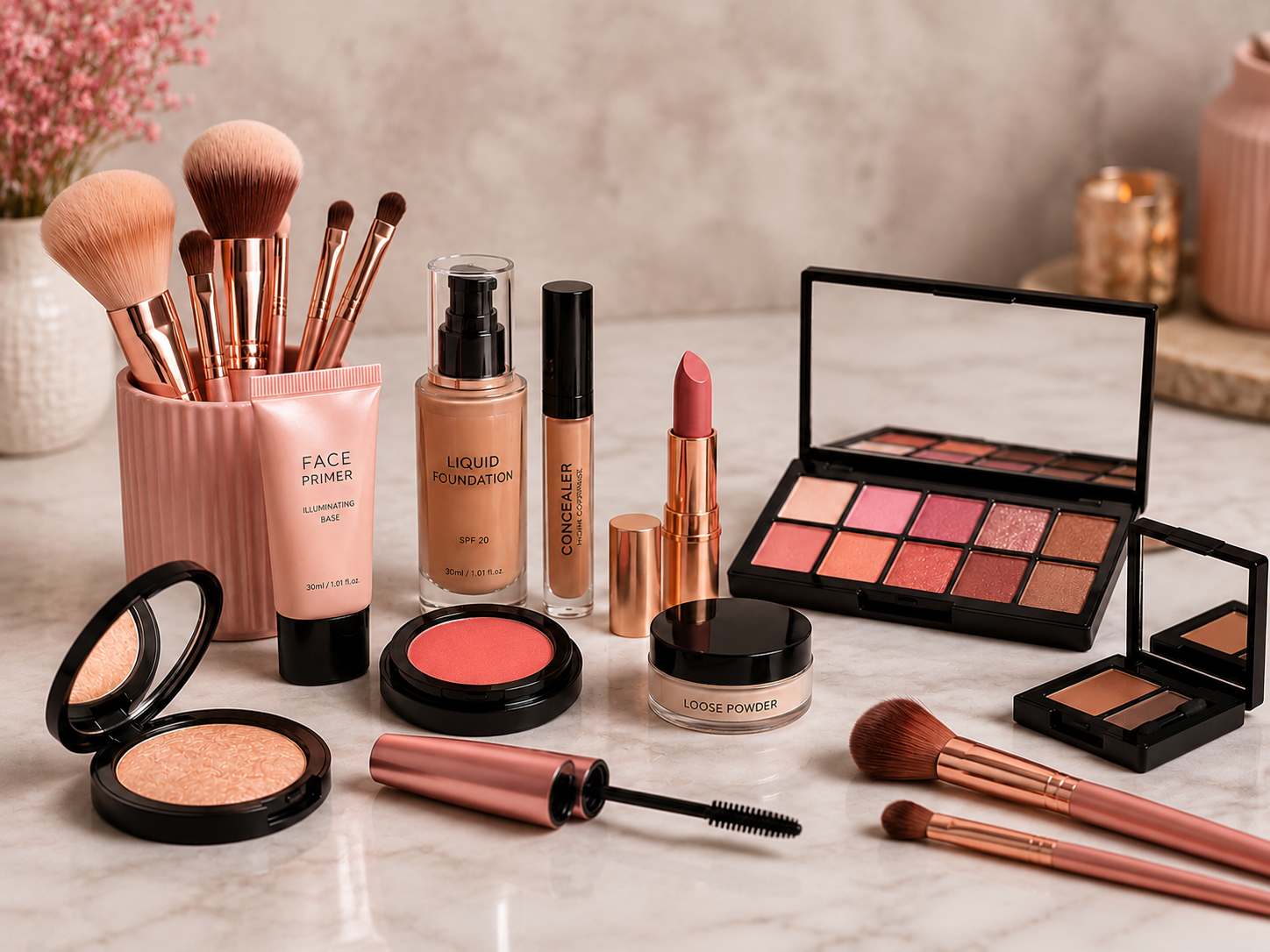 The image shows a variety of makeup brushes and cosmetics on a marble counter, with a flower vase in the background and a wall behind it. The makeup brushes are arranged neatly on the counter, giving the impression of a well-organized and organized workspace. The image shows a variety of makeup brushes and cosmetics on a marble counter, with a flower vase in the background and a wall behind it. The makeup brushes are arranged neatly on the counter, giving the impression of a well-organized and organized workspace.