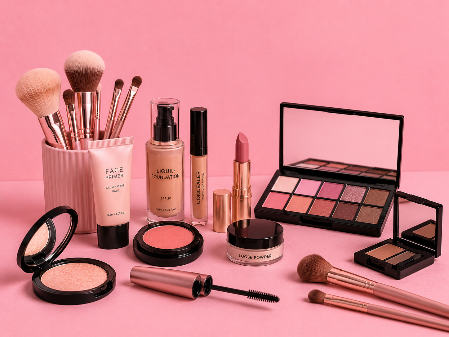 The image shows a variety of makeup brushes and cosmetics on a pink background, including bottles, cosmetics, and other objects, all arranged neatly on the surface. The image shows a variety of makeup brushes and cosmetics on a pink background, including bottles, cosmetics, and other objects, all arranged neatly on the surface.