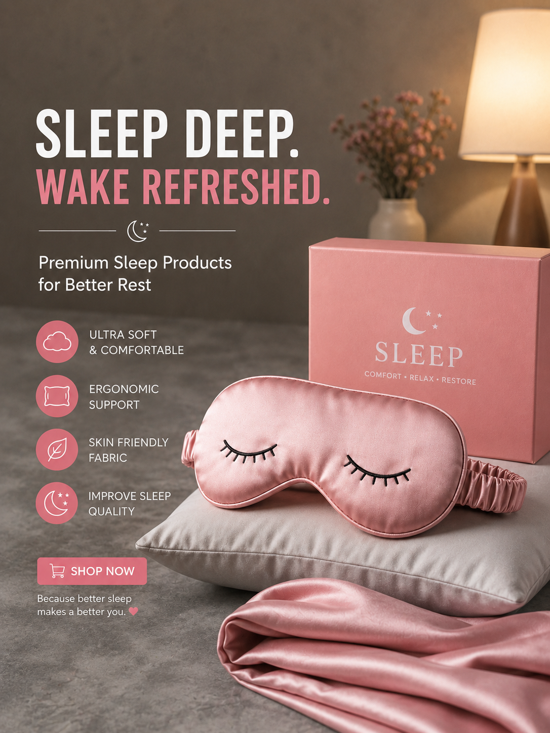 The image shows a pink sleep mask, a pillow, a pink cloth, a box, a lamp, a flower vase, and a wall in the background. The text on the image reads "Sleep Deep, Wake Refreshed - Premium Sleep Products for Better Rest". The image shows a pink sleep mask, a pillow, a pink cloth, a box, a lamp, a flower vase, and a wall in the background. The text on the image reads "Sleep Deep, Wake Refreshed - Premium Sleep Products for Better Rest".