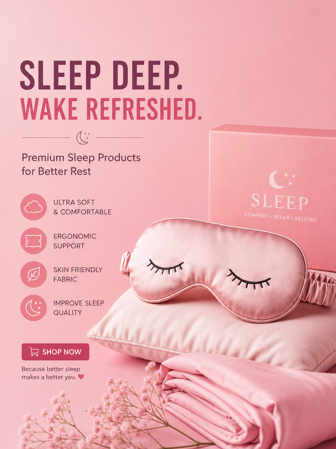 The image shows a poster with a pink sleep mask and a pink box with the words "Sleep Deep, Wake Refreshed" printed on it. The poster also features a pillow and a cloth, as well as a few flowers, suggesting a peaceful and calming atmosphere. The image shows a poster with a pink sleep mask and a pink box with the words "Sleep Deep, Wake Refreshed" printed on it. The poster also features a pillow and a cloth, as well as a few flowers, suggesting a peaceful and calming atmosphere.