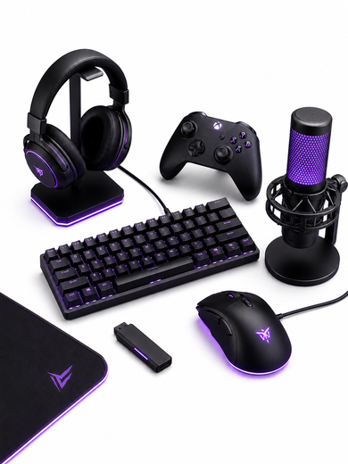 The image shows a Razer Deathadder Elite Gaming Set, which includes a keyboard, mouse, headset, joystick, microphone, mouse pad, and a pen drive, all arranged neatly on a white surface.